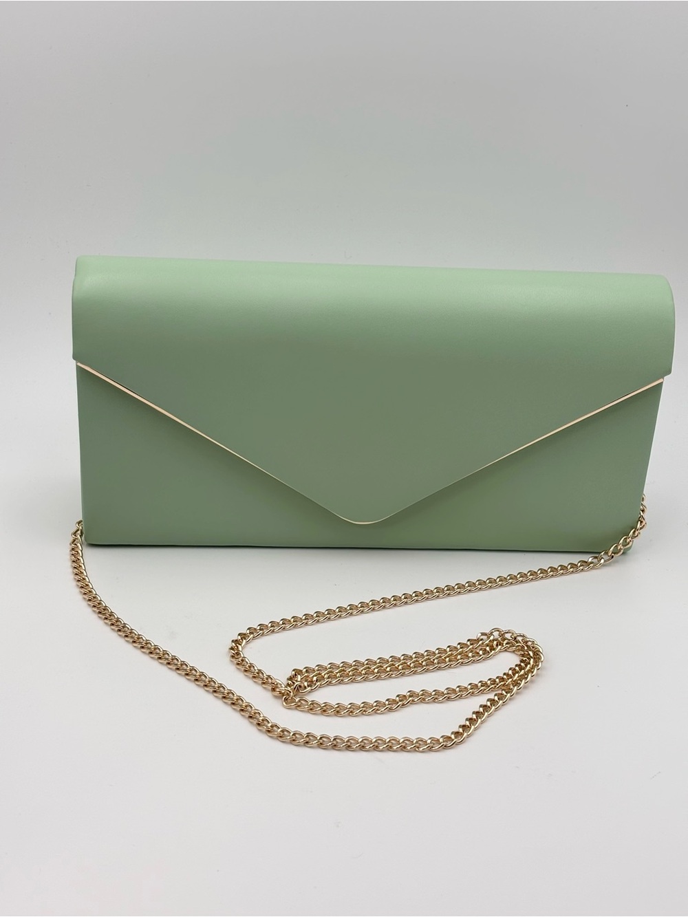 Mint Green Vegan Leather Envelope Clutch Bag with gold Chain Evening Party